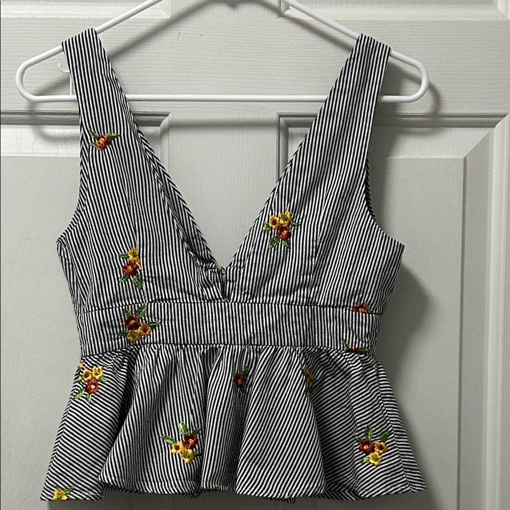 Forever 21 Contemporary Striped Floral Embroidered Babydoll Peplum Top Size S - Picture 6 of 14